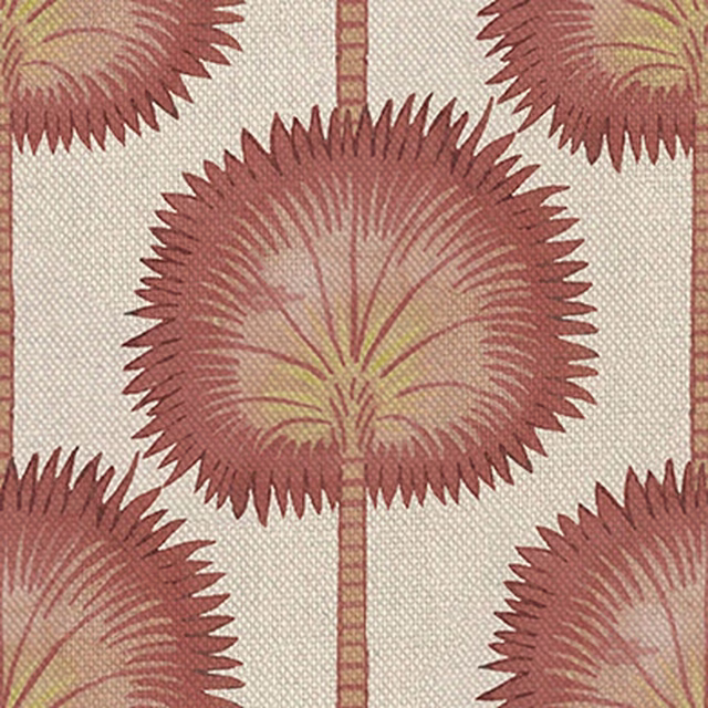 Cream woven fabric with large vermillion botanical fans and narrow vertical stripes
