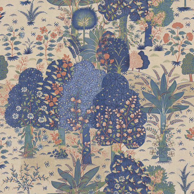 Ultramarine botanical garden print with coral blooms on a warm cream ground