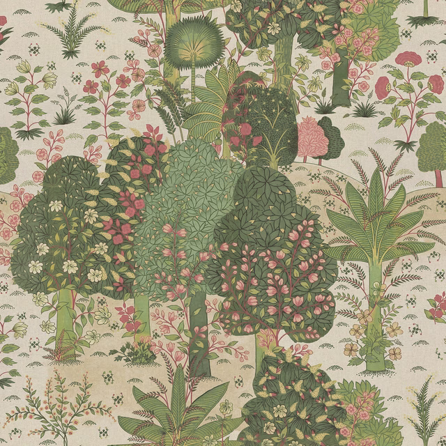 Apple green botanical fabric with coral flowers on a cream illustrated ground