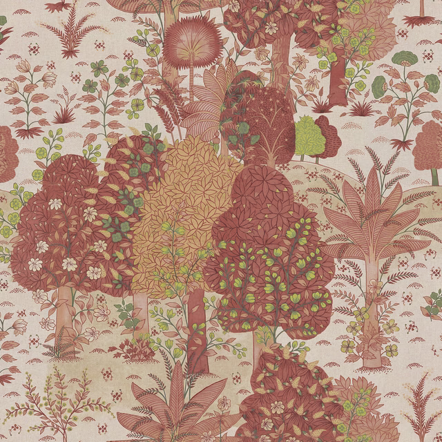 Vermillion botanical garden print with leafy trees, palms and sage details on cream