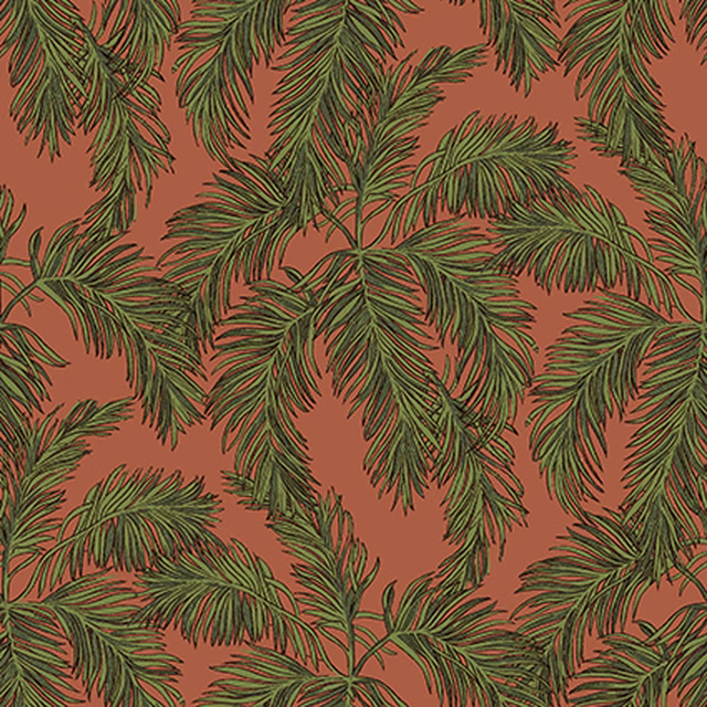 Terracotta fabric covered in olive green palm fronds with dark outlined leaves