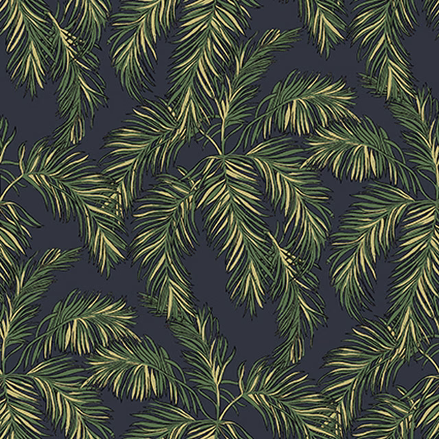 Midnight blue ground with olive palm fronds and yellow-green highlights