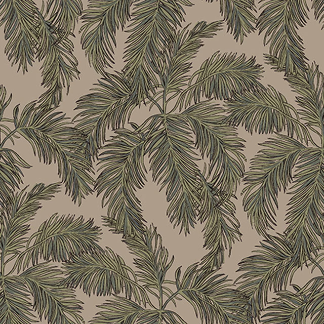 Natural beige fabric with sweeping muted olive palm fronds and fine dark outlines