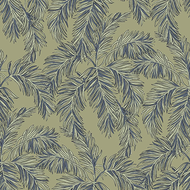 Muted olive fabric with blue-grey, feathery palm fronds in a dense botanical pattern