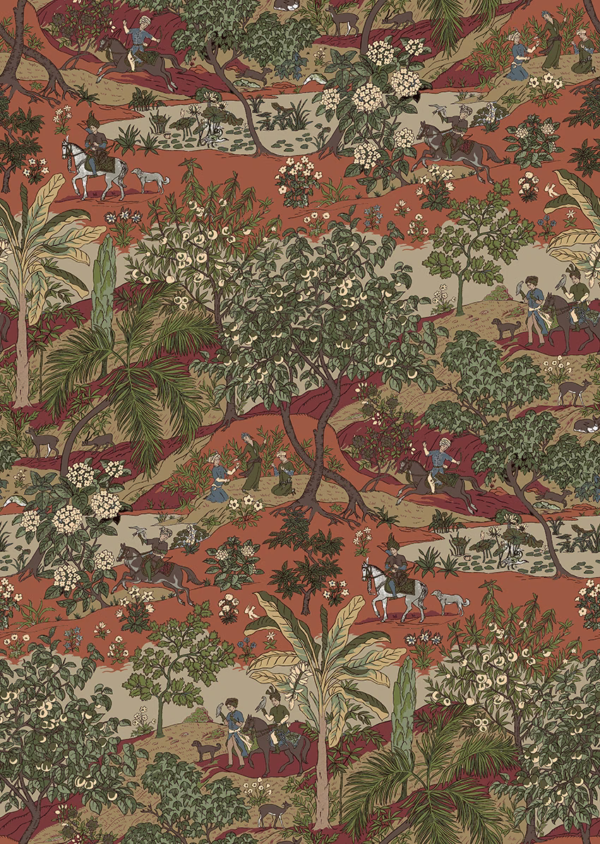 Warm terracotta scenic fabric with figures, horses, palms and flowering foliage