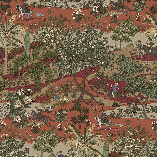 Warm terracotta scenic fabric with figures, horses, palms and flowering foliage
