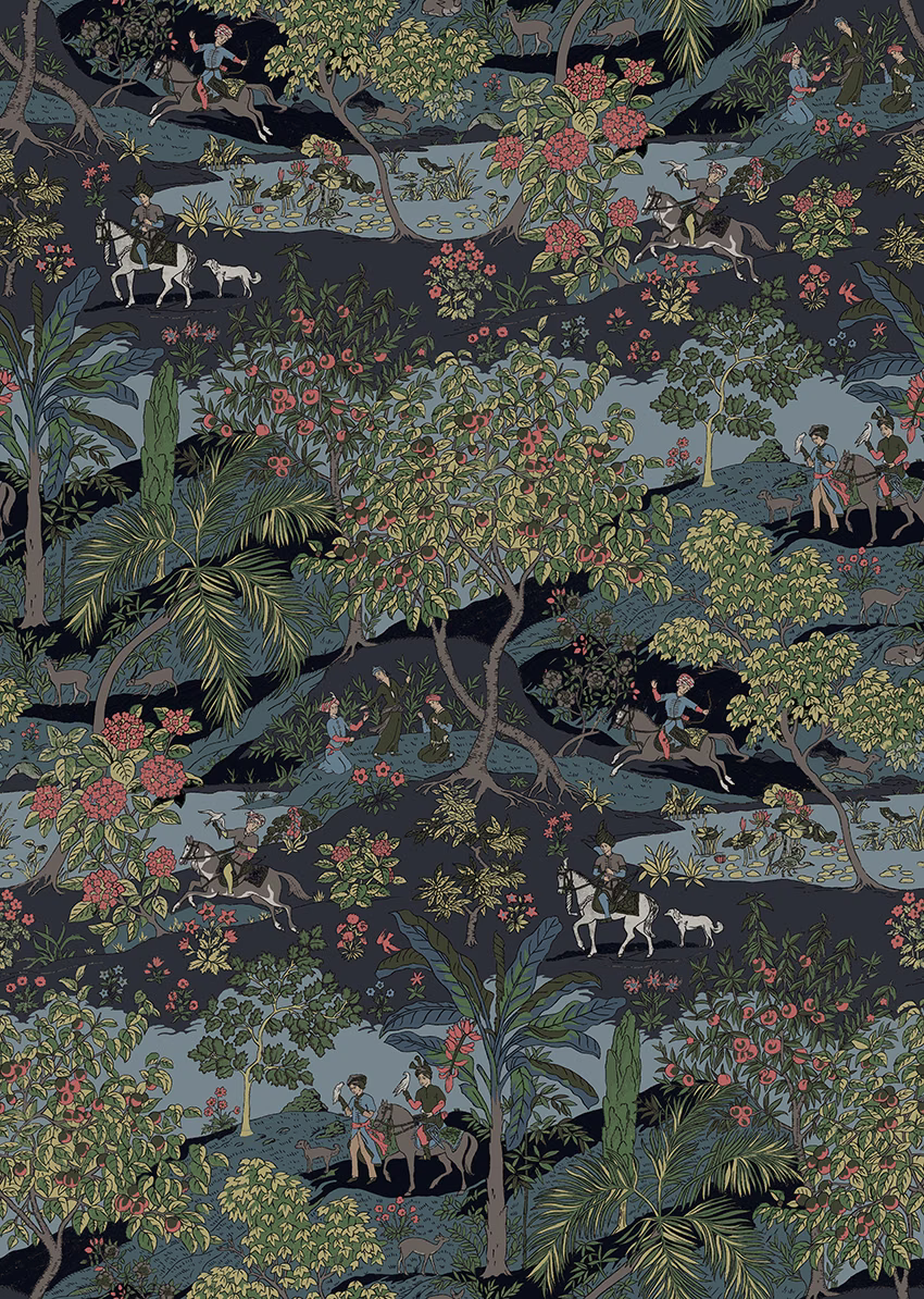 Midnight blue botanical textile with riders, palms, flowers and layered foliage