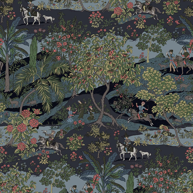 Midnight blue botanical textile with riders, palms, flowers and layered foliage