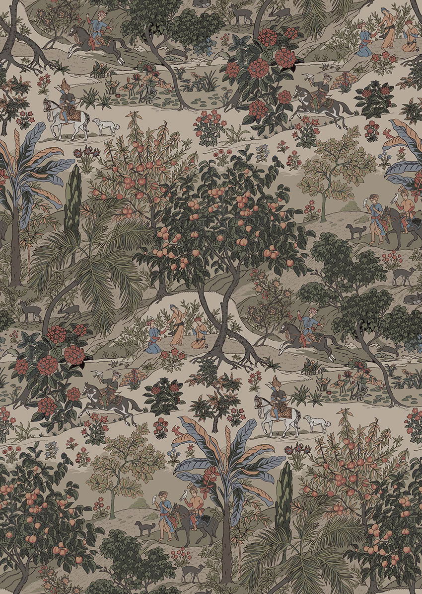 Warm natural scenic fabric with olive palms, coral flowers, blue figures and fine foliage detail