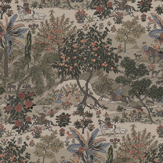 Warm natural scenic fabric with olive palms, coral flowers, blue figures and fine foliage detail