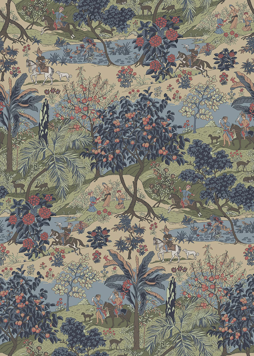 Muted olive scenic print with navy foliage, coral blossoms, palms, figures and animals