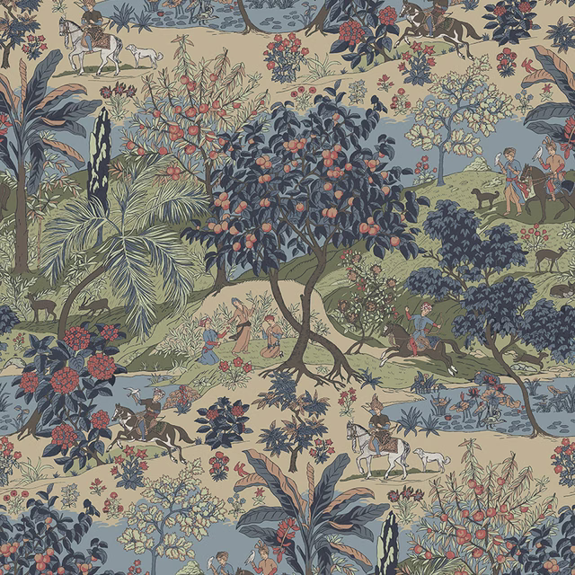 Muted olive scenic print with navy foliage, coral blossoms, palms, figures and animals