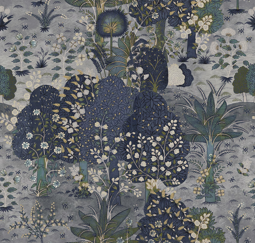 Cool blue-grey botanical fabric with navy foliage, pale flowers and sage-green leaves