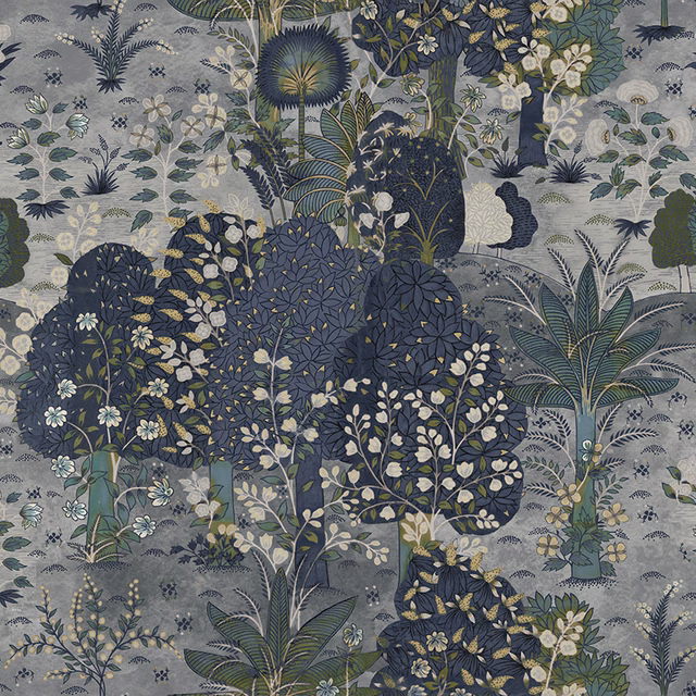 Cool blue-grey botanical fabric with navy foliage, pale flowers and sage-green leaves
