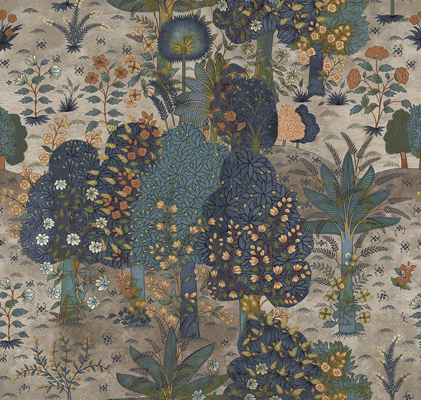 Muted aqua botanical jungle with navy foliage, ochre flowers and stone ground