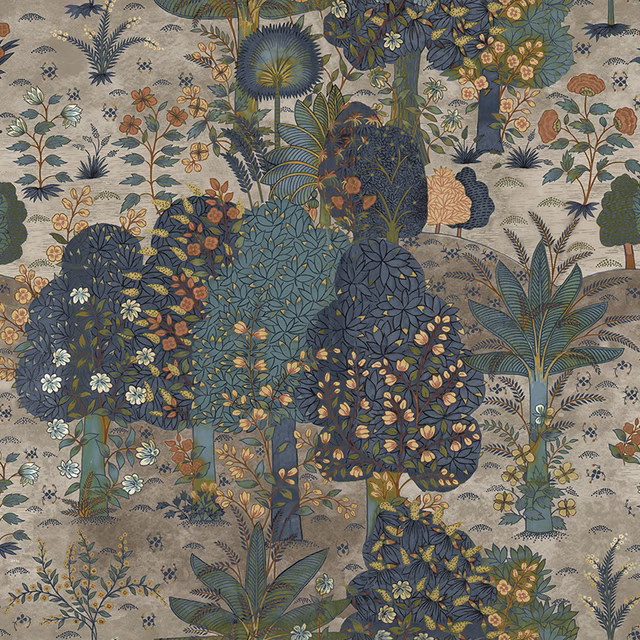 Muted aqua botanical jungle with navy foliage, ochre flowers and stone ground