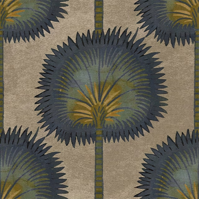 Muted aqua fan medallions with olive and ochre foliage on a taupe textured ground