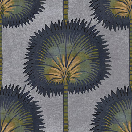 Cool slate-grey fabric with large navy, olive and ochre botanical medallions