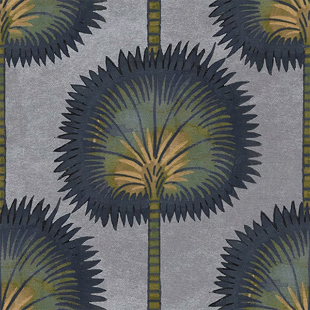 Cool slate-grey fabric with large navy, olive and ochre botanical medallions