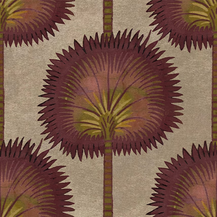 Rust and burgundy radial flowers with olive fronds on an oatmeal woven ground