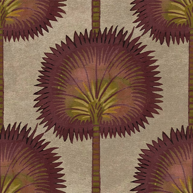 Rust and burgundy radial flowers with olive fronds on an oatmeal woven ground