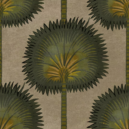 Olive palm-like medallions with mustard fronds on a taupe textured ground