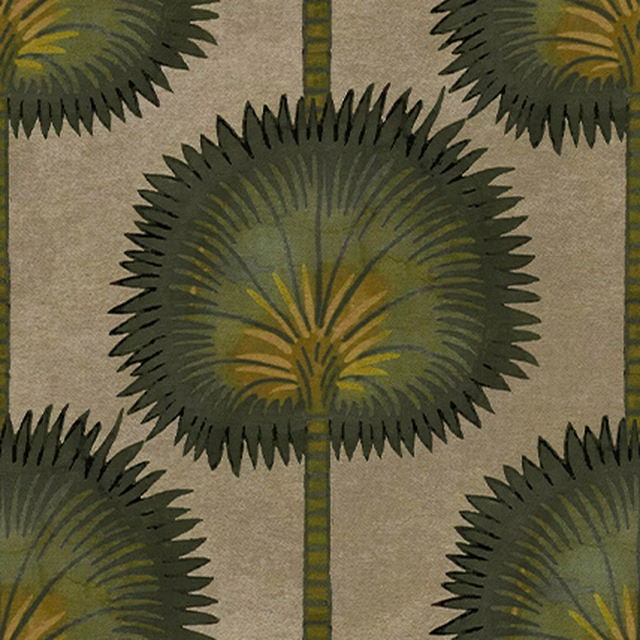 Olive palm-like medallions with mustard fronds on a taupe textured ground