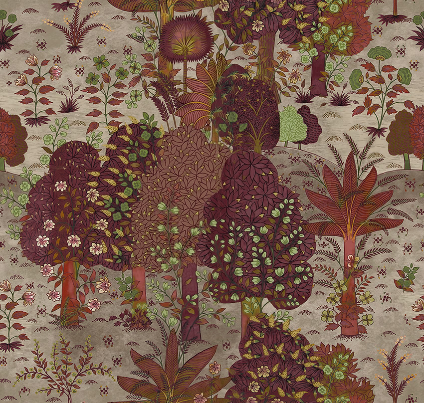 Rust and plum botanical foliage with olive leaves on a soft stone textile ground