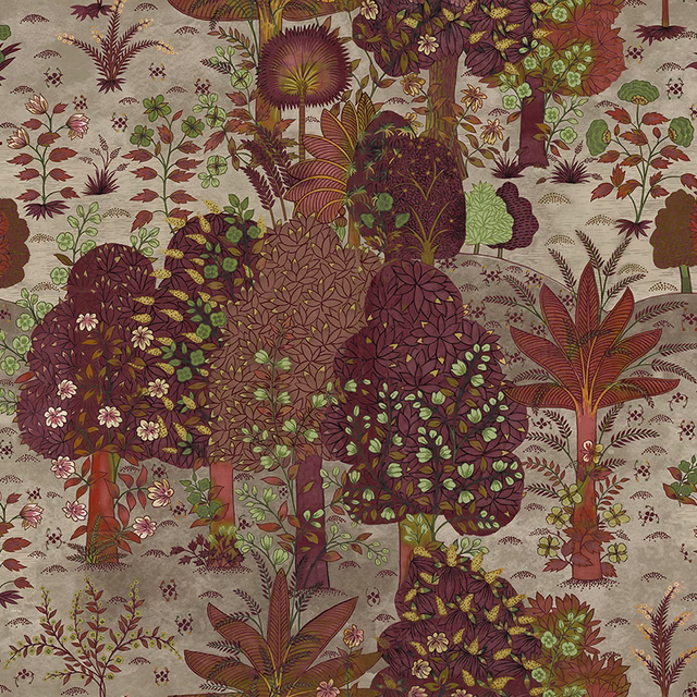 Rust and plum botanical foliage with olive leaves on a soft stone textile ground