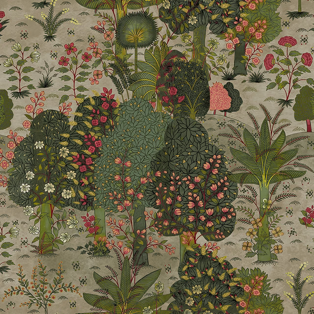 Sage botanical textile with layered palms, ferns, coral flowers and dark leafy clusters