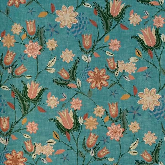 Teal botanical fabric with coral flowers, cream blooms and dark leafy stems