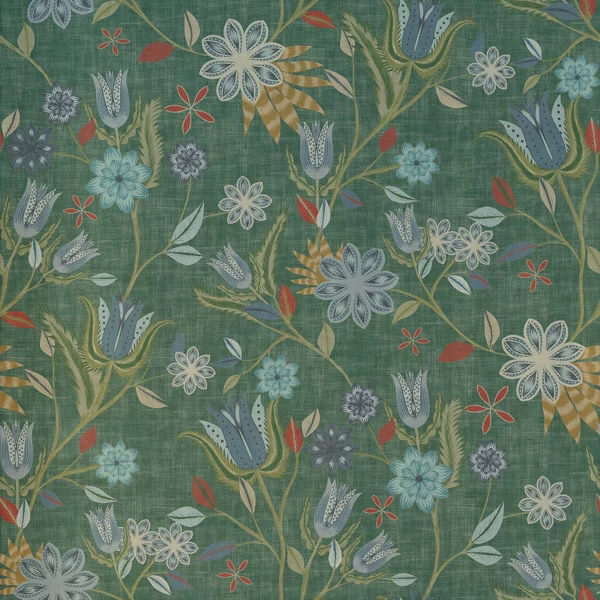 Muted teal-green botanical fabric with blue flowers, russet leaves and woven texture