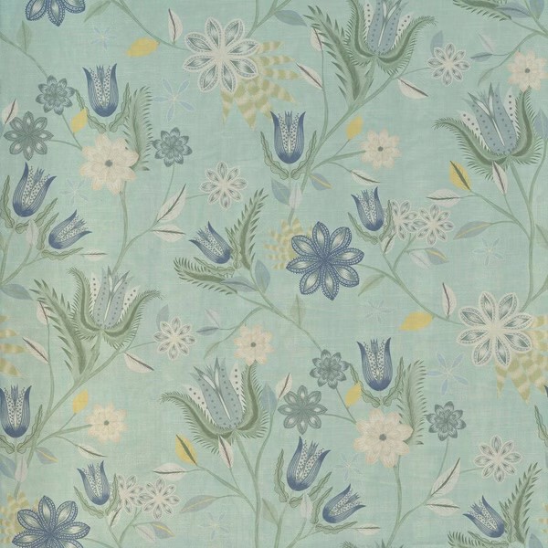 Seafoam botanical fabric with blue flowers, fern-like leaves and yellow accents
