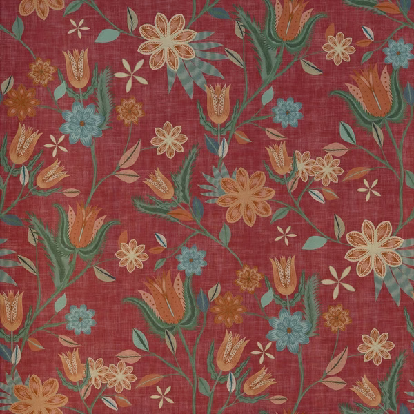 Deep brick-red botanical fabric with teal foliage, ochre flowers and woven texture
