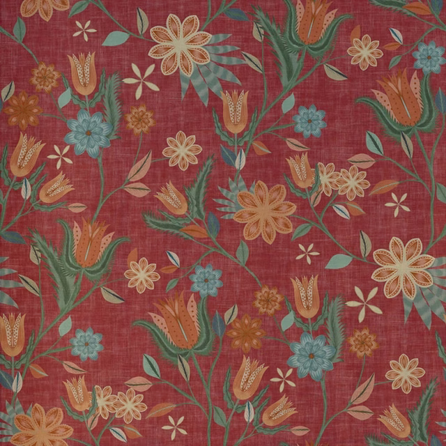 Deep brick-red botanical fabric with teal foliage, ochre flowers and woven texture