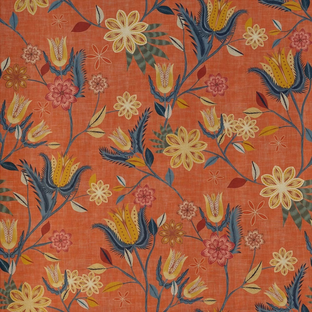Burnt terracotta fabric with navy foliage, mustard blooms and cream outlined flowers