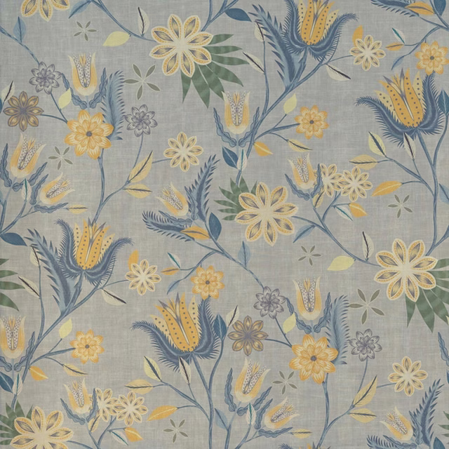 Blue-grey botanical fabric with ochre flowers, cream blooms and sage leaves