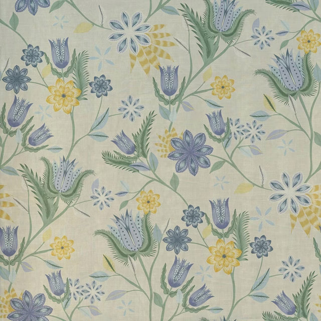 Pale sage botanical fabric with blue flowers, green leaves and ochre accents
