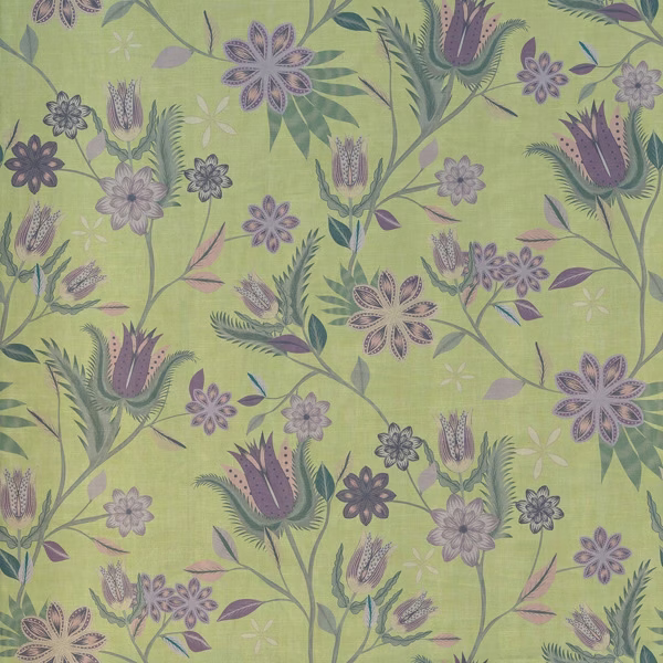 Muted olive-green botanical fabric with mauve thistles, scattered flowers and fine fern-like leaves