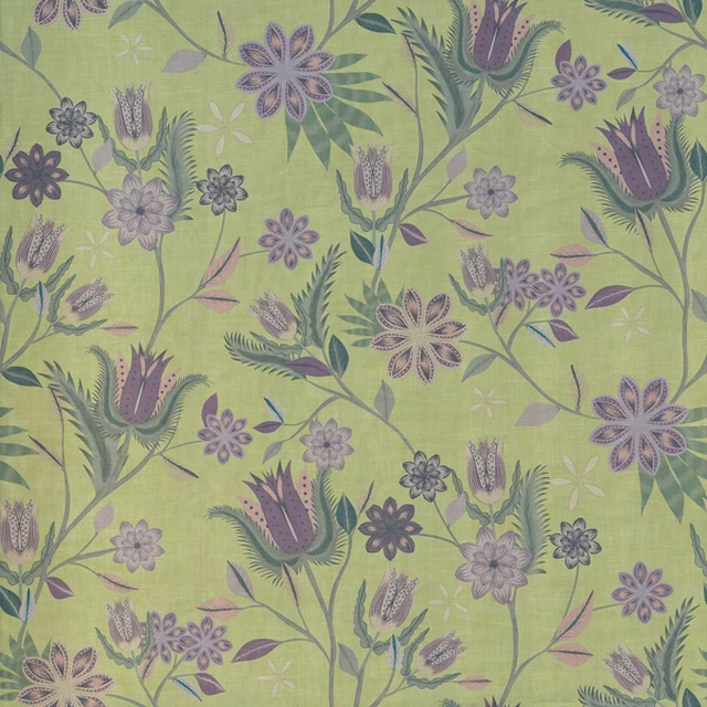 Muted olive-green botanical fabric with mauve thistles, scattered flowers and fine fern-like leaves