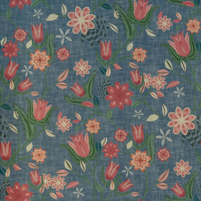 Muted denim-blue floral fabric with coral tulips, cream flowers and green foliage