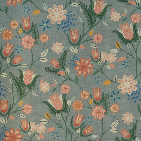 Eucalyptus-grey floral fabric with coral blooms, cream flowers and teal foliage