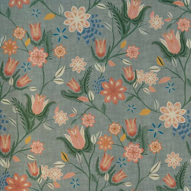 Eucalyptus-grey floral fabric with coral blooms, cream flowers and teal foliage