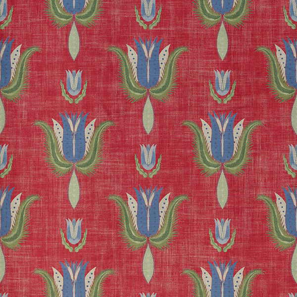 Crimson red textile with blue tulip motifs, green fronds and pale teardrops