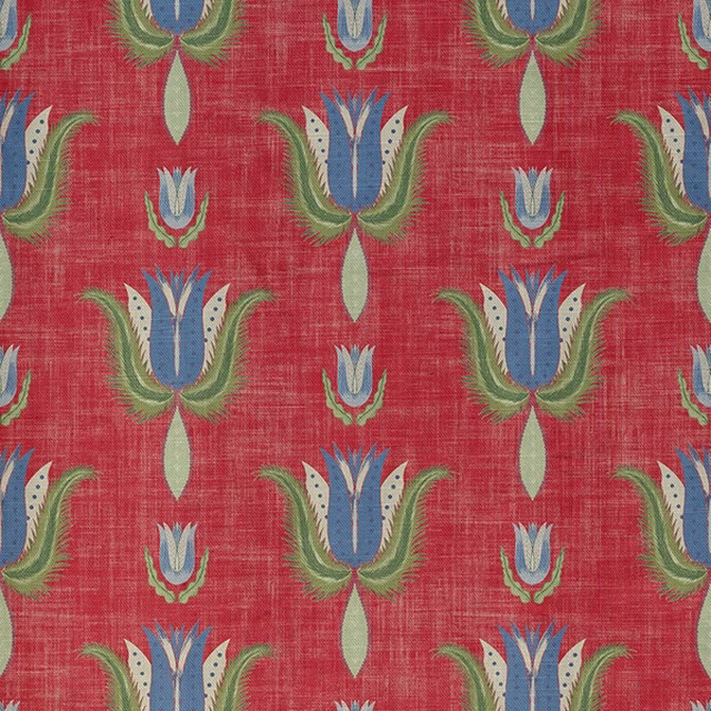 Crimson red textile with blue tulip motifs, green fronds and pale teardrops