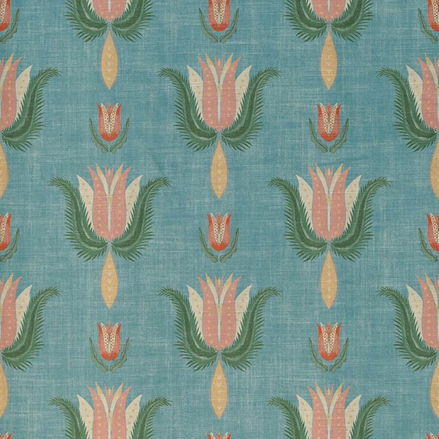 Turquoise teal woven fabric with coral blooms, ochre drops and green fronds