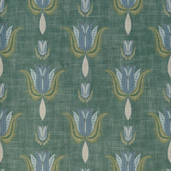 Muted teal textile with powder-blue, cream and olive repeating tulip motifs