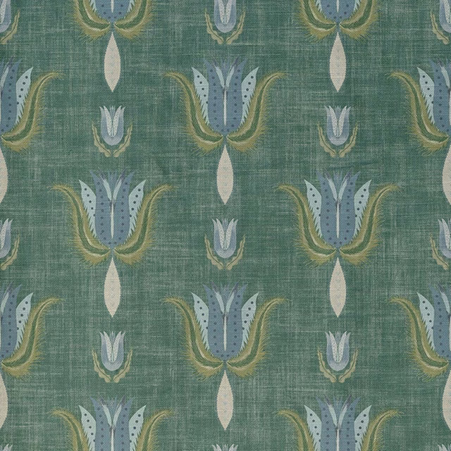 Muted teal textile with powder-blue, cream and olive repeating tulip motifs