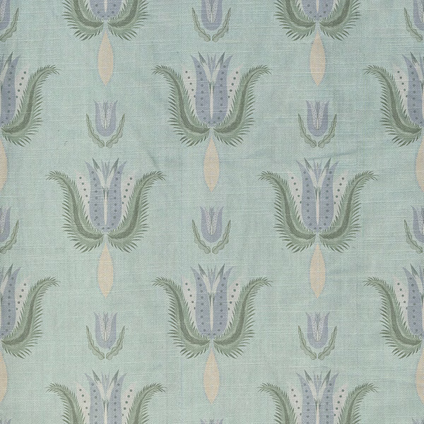 Pale aqua-teal textile with sage feathered botanical motifs and lavender details