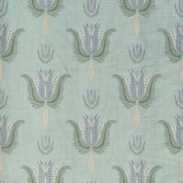 Pale aqua-teal textile with sage feathered botanical motifs and lavender details